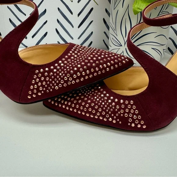 6.5 - Badgley Mischka American Glamour Burgundy Faux Suede Studded Pumps - Picture 4 of 7